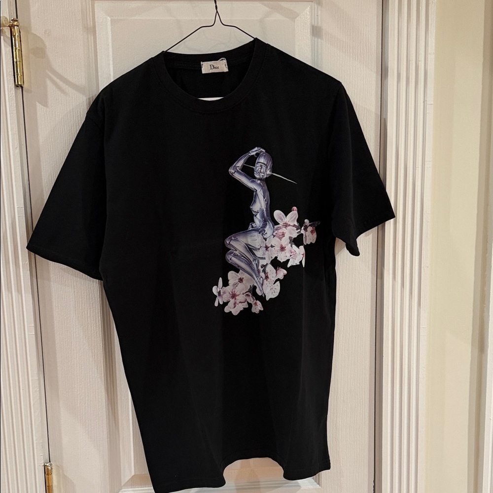 Dior Black Tee with Artistic Floral Design